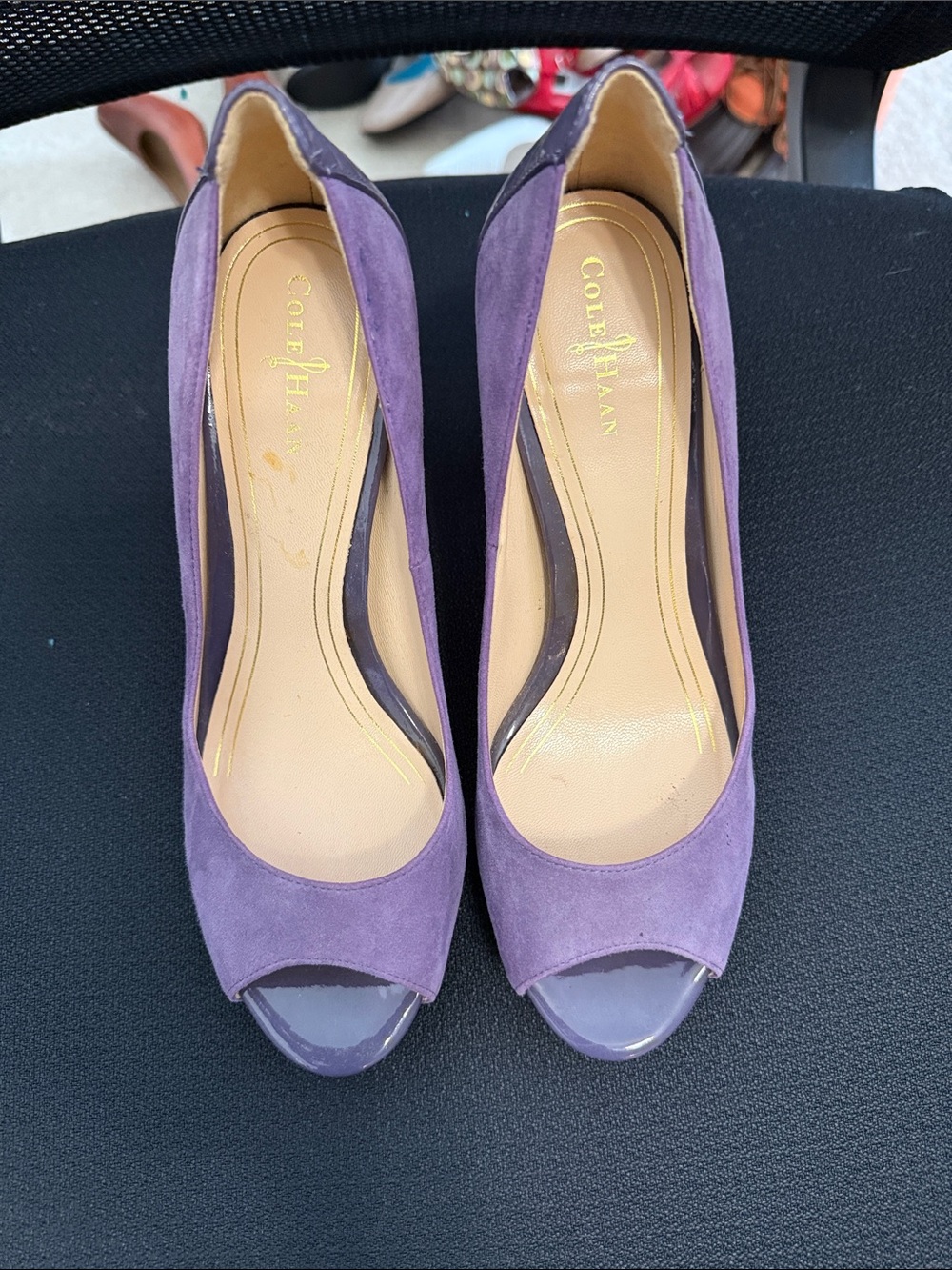 Cole Haan with Nike Air Lavender Suede Peep-Toe Pumps with Glossy Toe Cap